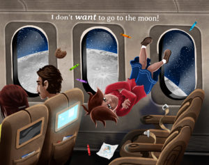 A cranky girl floats weightless on a passenger flight to the moon, yelling "I don't WANT to go to the Moon!"