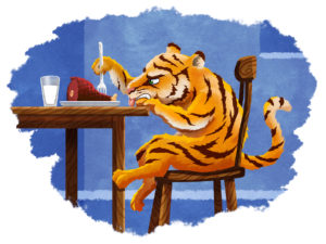 A young tiger doesn't want to eat their dinner.